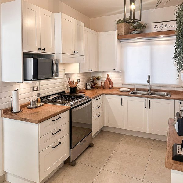 Proyectos cocina shaker en color blanco cubierta en madera