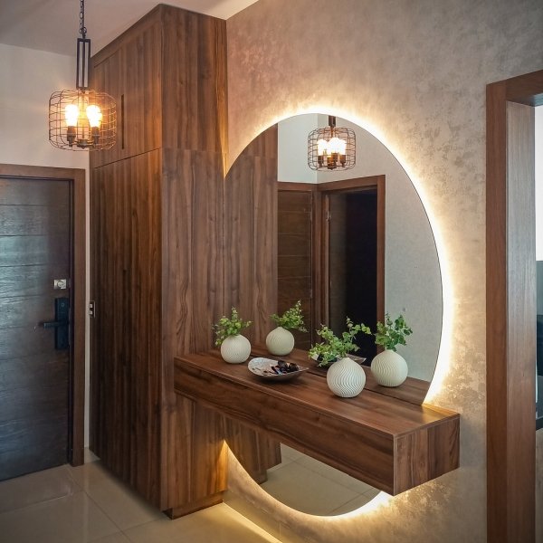 Proyectos credenza recibidor de madera con mueble para alamacenar articulos espejo con luz led